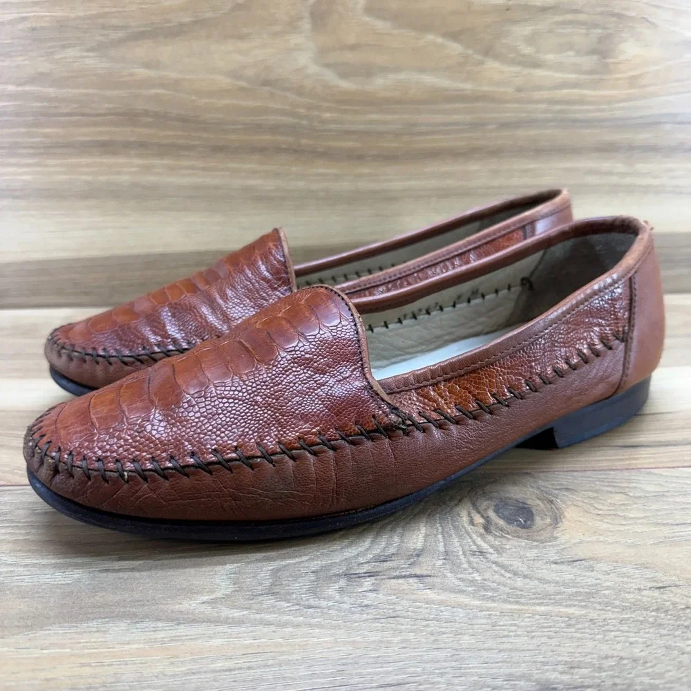 Ennesi Gold Italian Ostrich Leg Loafers Mens 9 M Whiskey Brown Slip On Business